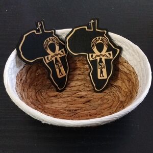 Africa Outline Wooden Earrings with Ankh Motif - Black and Natural Wood